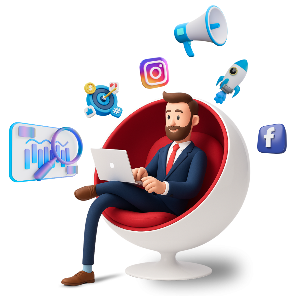 Illustration 3D d’un homme assis sur une chaise sphérique, tenant un ordinateur portable, entouré d’icônes représentant le marketing digital. 3D illustration of a man sitting on a ball chair holding a laptop, surrounded by digital marketing icons.