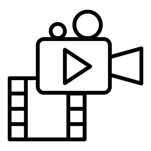 Icône symbolisant la création de contenu vidéo, souvent représentée par une caméra ou un bouton lecture. Icon representing video content creation, often shown as a camera or play button.