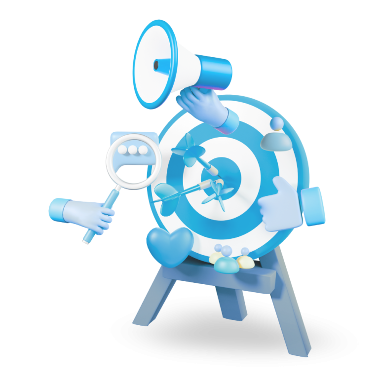 Cible 3D avec des icônes de marketing digital autour, symbolisant la précision du ciblage. 3D target with digital marketing icons around, symbolizing precise targeting.