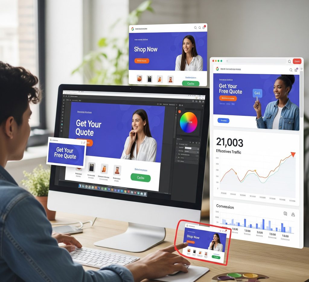 Écrans affichant des publicités en ligne variées – Screens displaying various online advertisements