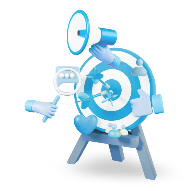 Cible 3D avec des icônes de marketing digital autour, symbolisant la précision du ciblage. 3D target with digital marketing icons around, symbolizing precise targeting.