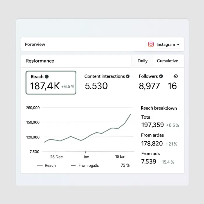 Capture d’écran des statistiques Instagram Insights montrant l’engagement, la portée et les interactions des publications. Screenshot of Instagram Insights statistics displaying engagement, reach, and post interactions.
