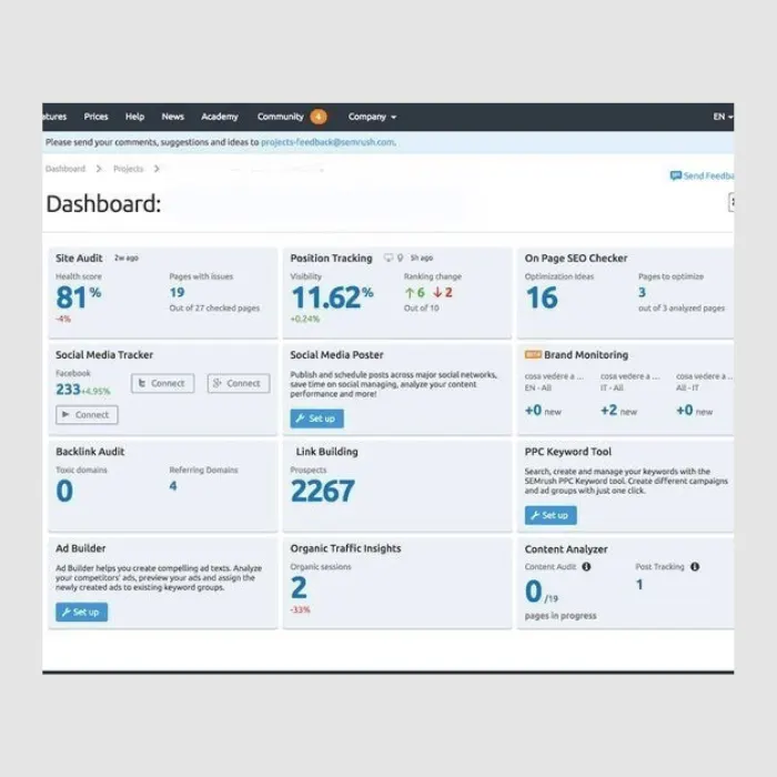 Capture d’écran d’un rapport d’audit SEO réalisé avec SEMrush, montrant l’analyse technique et les recommandations. Screenshot of an SEO audit report performed with SEMrush, showing technical analysis and recommendations.