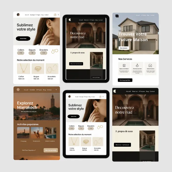 Capture d’écran de sites web modernes et professionnels conçus par ArfBlue, agence experte en création de sites. Screenshot of modern and professional websites designed by ArfBlue, expert web creation agency.