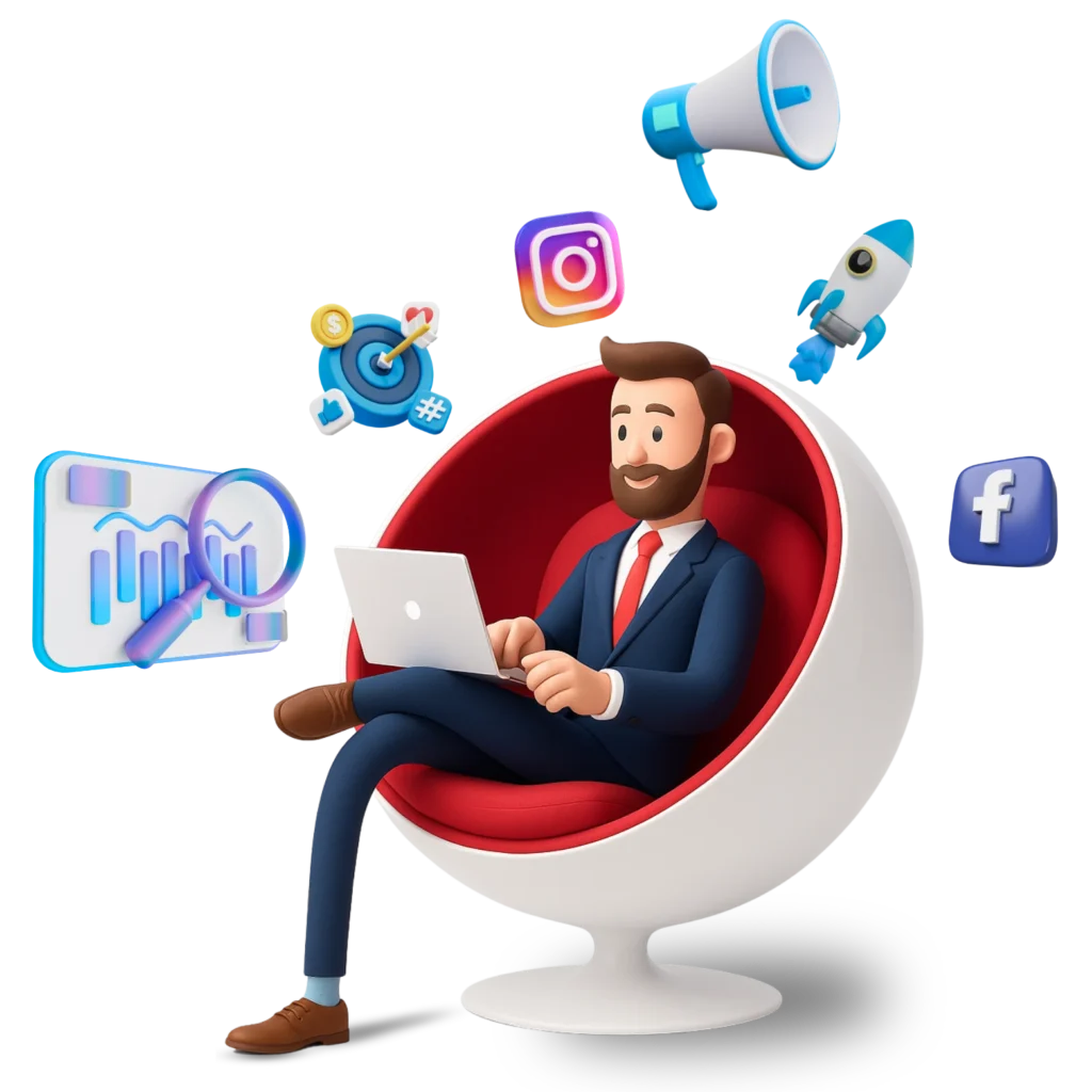 Illustration 3D d’un homme assis sur une chaise sphérique, tenant un ordinateur portable, entouré d’icônes représentant le marketing digital. 3D illustration of a man sitting on a ball chair holding a laptop, surrounded by digital marketing icons.