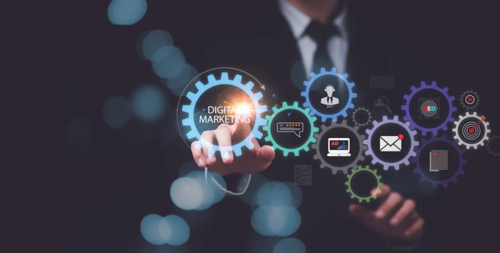 Illustration représentant des concepts clés du marketing digital avec des icônes et graphiques modernes. Illustration showing key digital marketing concepts with modern icons and graphics.