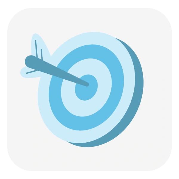 Icône 3D représentant une cible rouge avec un centre précis, symbole de focalisation et d’objectifs atteints. 3D icon showing a red target with a precise center, symbolizing focus and achieved goals.