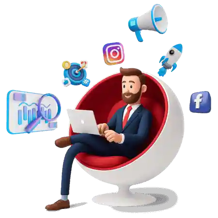 Illustration 3D d’un homme assis sur une chaise sphérique, tenant un ordinateur portable, entouré d’icônes représentant le marketing digital. 3D illustration of a man sitting on a ball chair holding a laptop, surrounded by digital marketing icons.